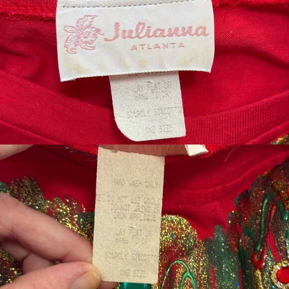 Vtg Puffy Paint Christmas Tree Shirt O/S L? 3D Bow Bead Sequin Funky Artsy 80s - Picture 13 of 14